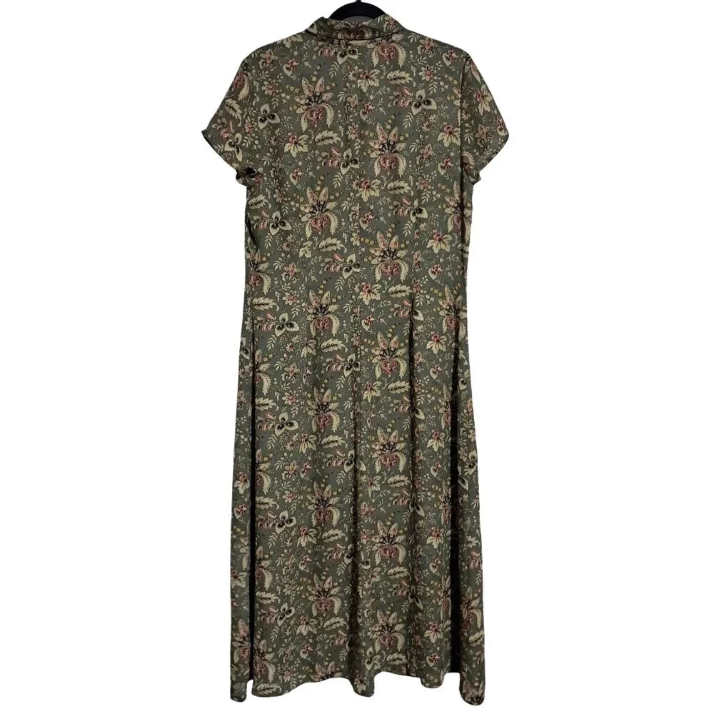 Charter Club Floral Button Front Dress Women Size 12 Olive Green Pleated Midi‎
